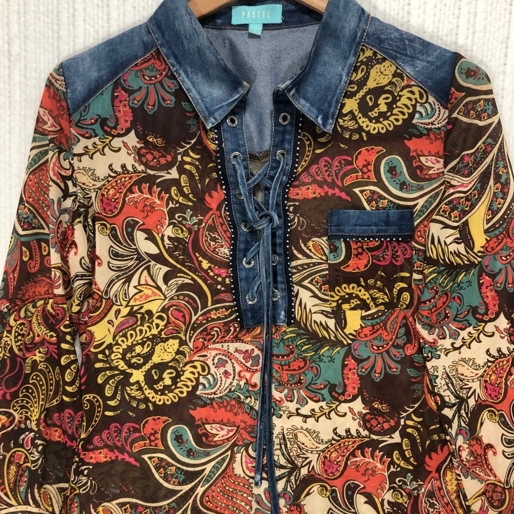 Pastel Womens Paisley Mesh Top Denim Trim Lace Up Rhinestone Boho Brown Large